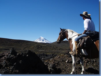 Rider on horseback in front of Lanin Volcanoe on a horseback trailride in chilean andes